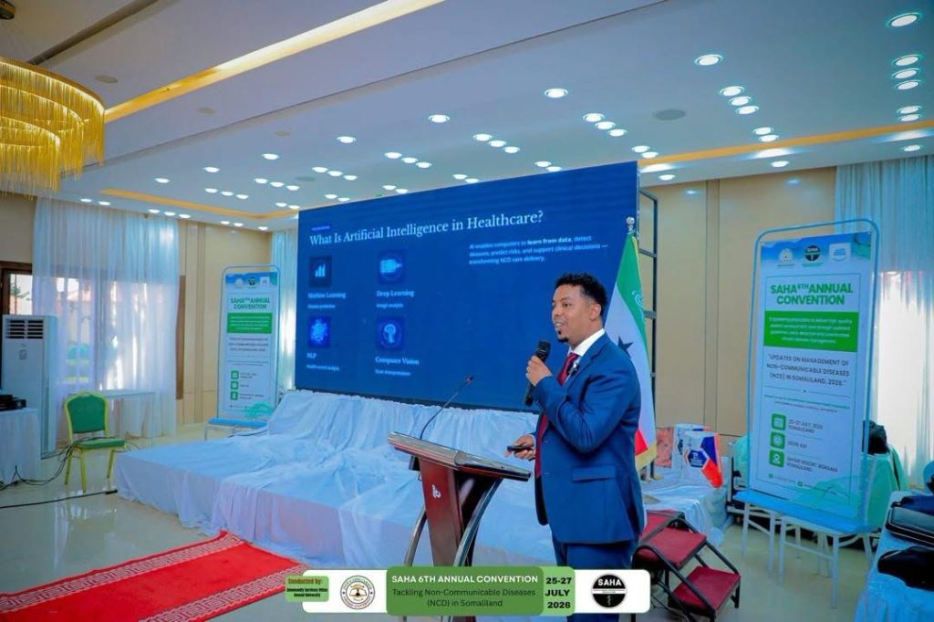 Yusuf Hared Presents Transformative Approaches to AI in NCD Care at the SAHA 6th Annual CME Convention, Amoud University.
