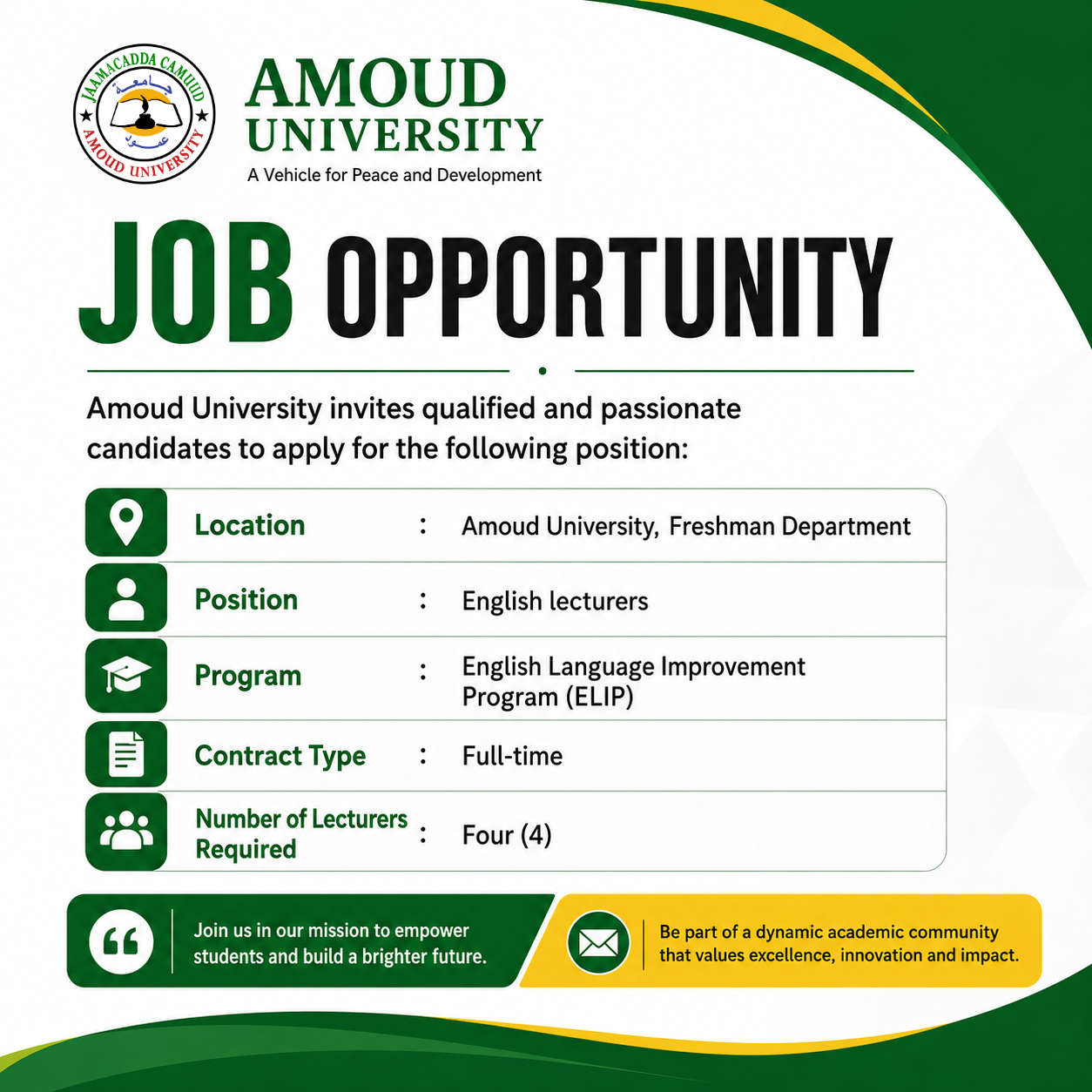 JOB ADVERTISEMENT: English Language lecturers for the English Language Improvement Program (ELIP)